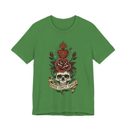 AVO - Tattoo T-Shirt — 'Amor Vincit Omnia' Skull & Rose Sacred Heart Tee