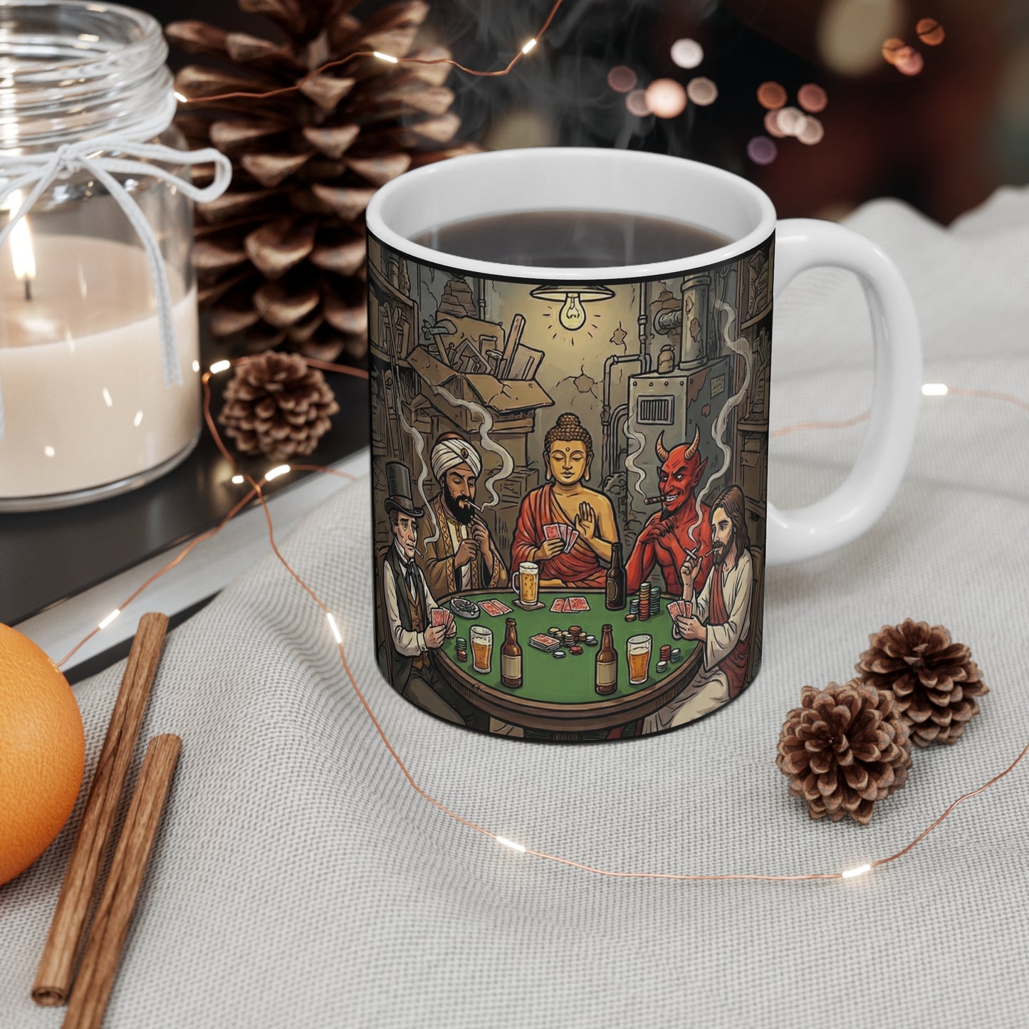 Playing For Keeps - 11oz Mug Ambi Handle — Buddha, Jesus & Devil Poker Night Illustrated Ceramic Coffee Cup - Religious Humor