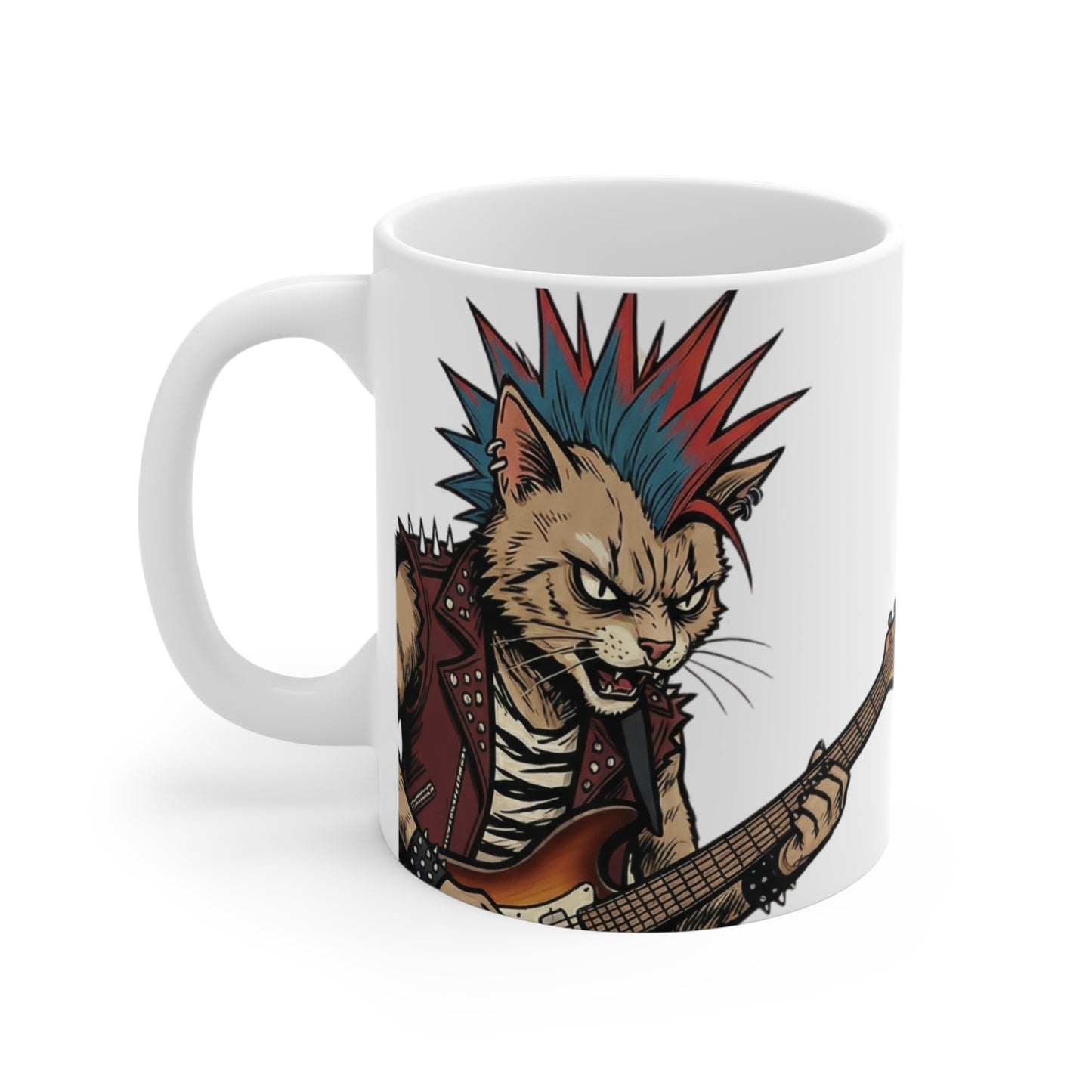 PunkCat - Big and Bold - 11oz Mug Left Handle - Punk Rock Cat Guitar Mug — 11oz Music Lover Coffee Cup