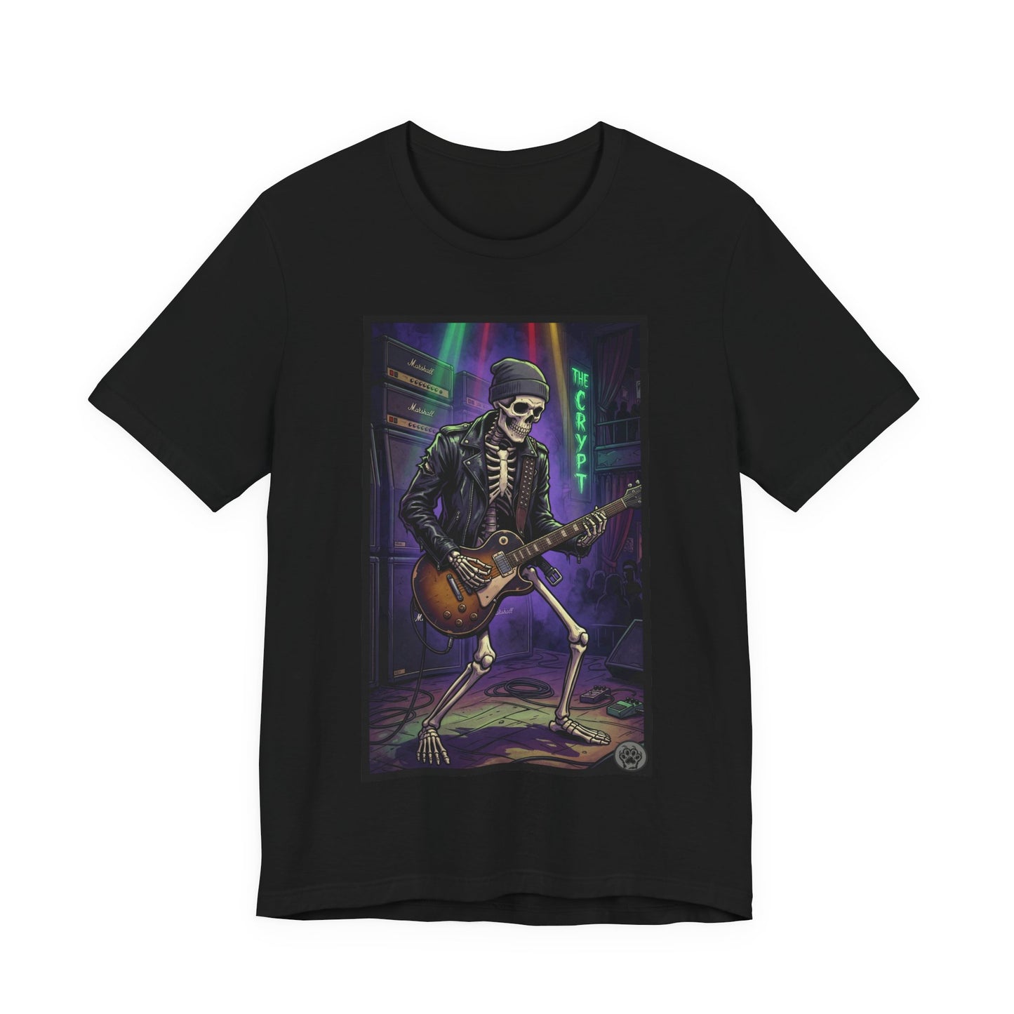 Bonesy - "At The Crypt" - Skeleton Rock Guitar Tee – Retro Neon Night Music T-Shirt