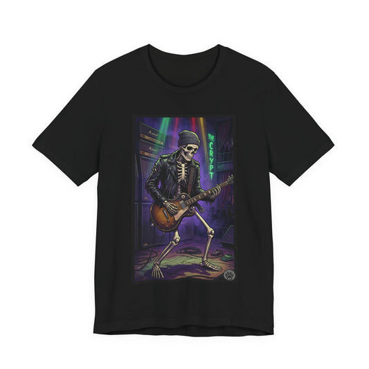 Bonesy - "At The Crypt" - Skeleton Rock Guitar Tee – Retro Neon Night Music T-Shirt