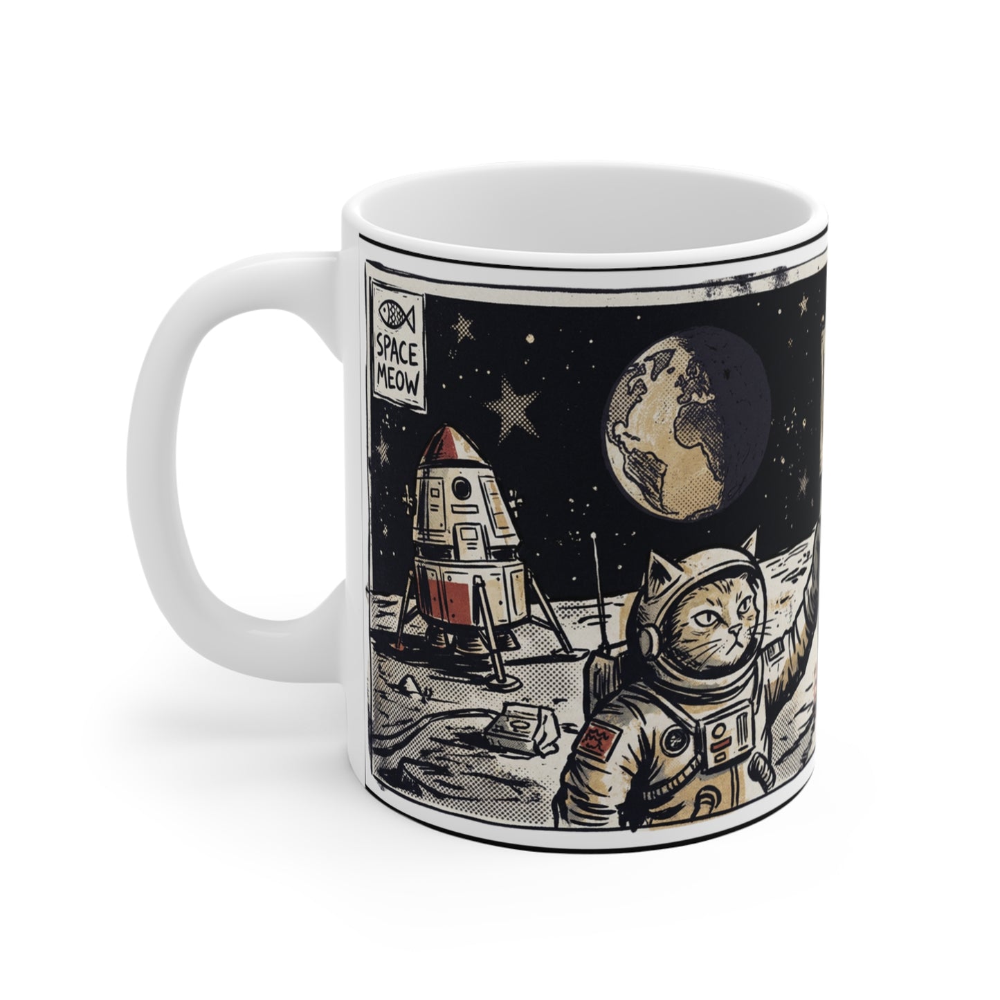 SpaceCat - Conquers The Moon (Horizontal) - 11oz Mug Left Handle - Cat Space Astronaut Coffee Mug 11oz — "One Small Step" Pet Paw Moon Mug