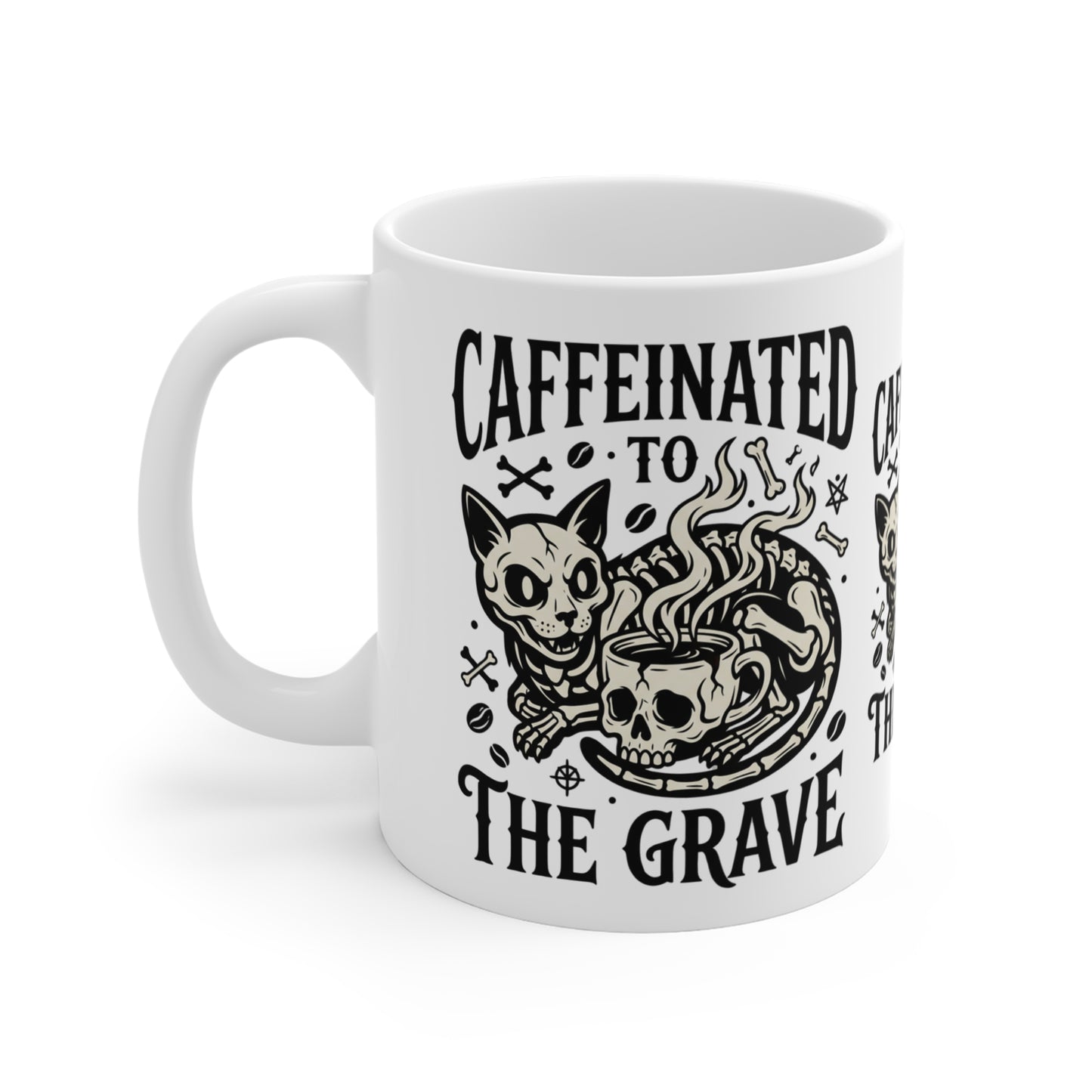 VOID - Caffeinated to the Grave Coffee Mug — Gothic Cat & Skull 11oz