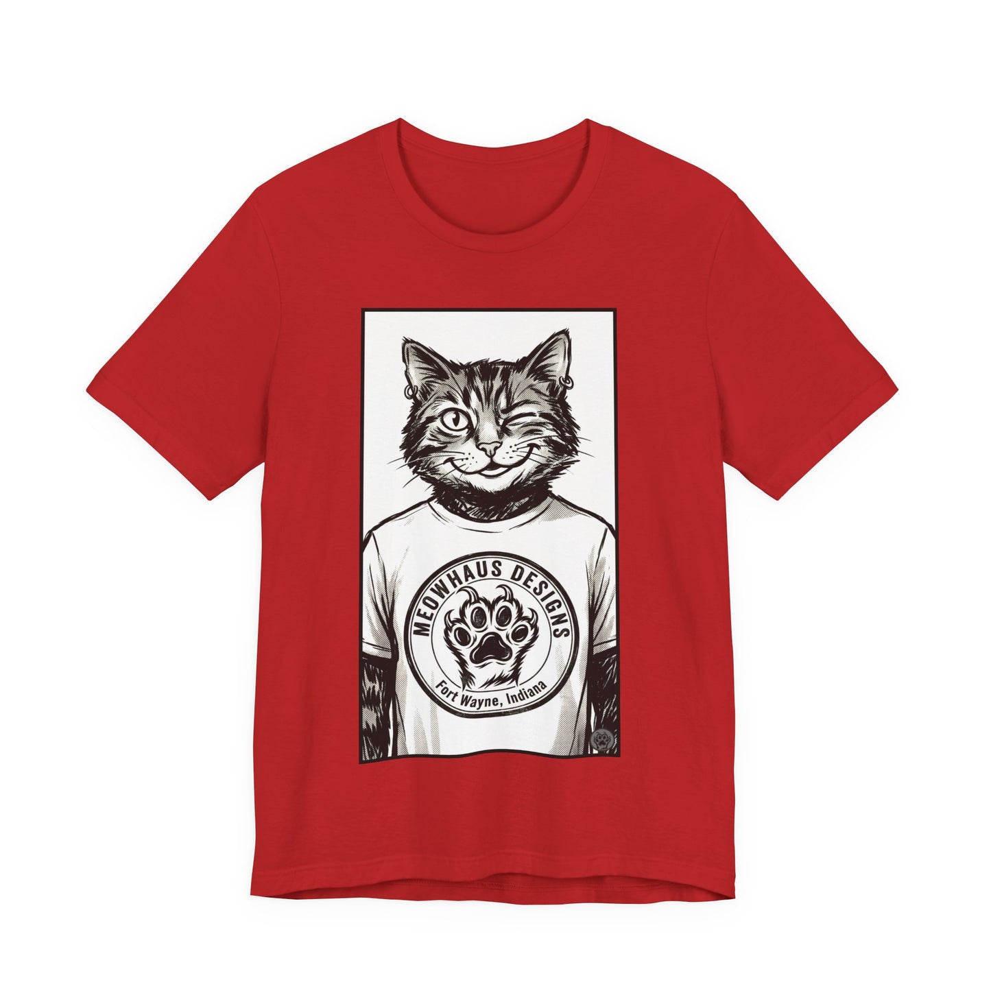 WinkyCat - Wearing the MHD Logo T-Shirt - Cat Portrait T‑Shirt — Retro Graphic Cat Wearing Logo Tee