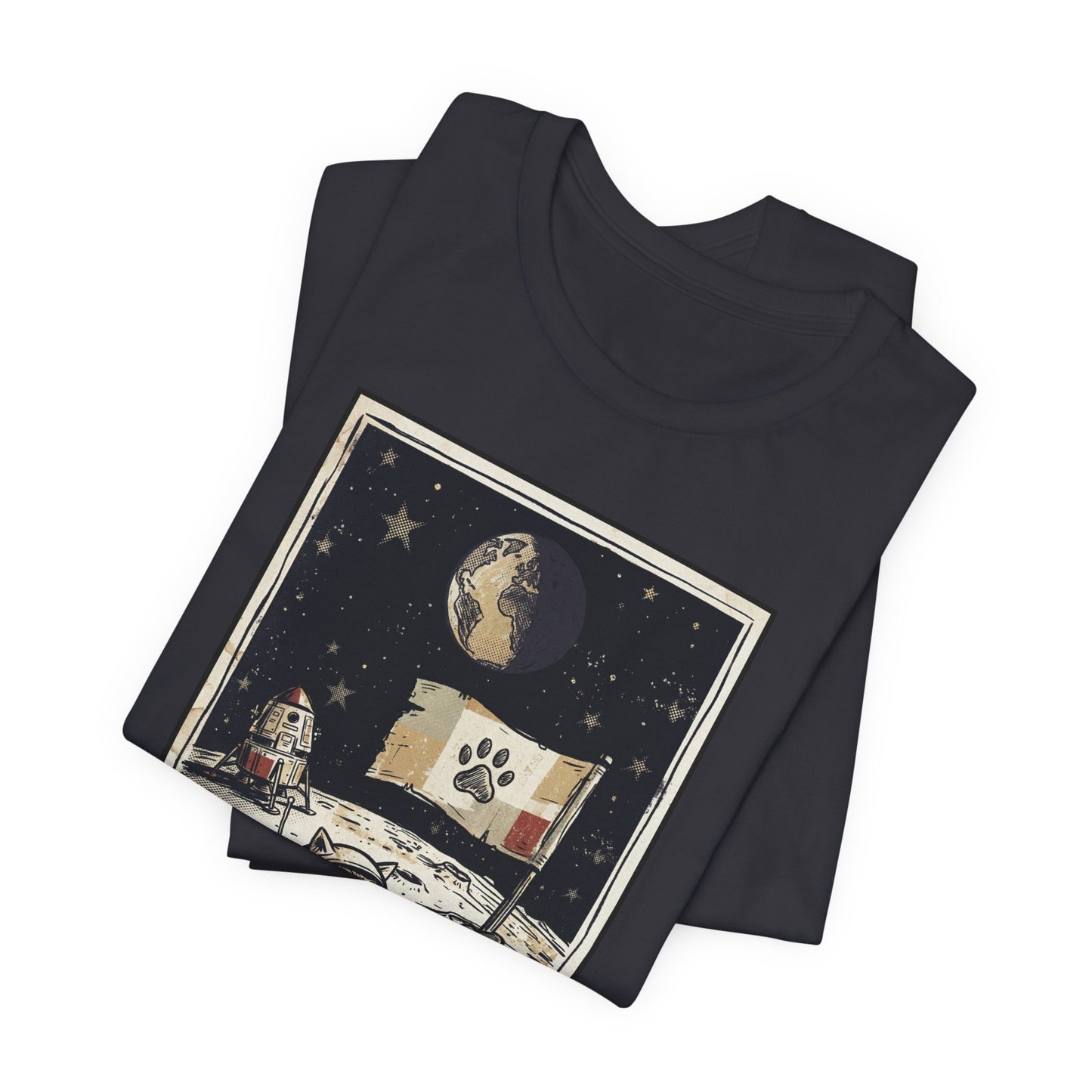 SpaceCat - Conquers The Moon! - Astronaut Cat Moon T-Shirt — Vintage Styled Space Kitty Flag Tee