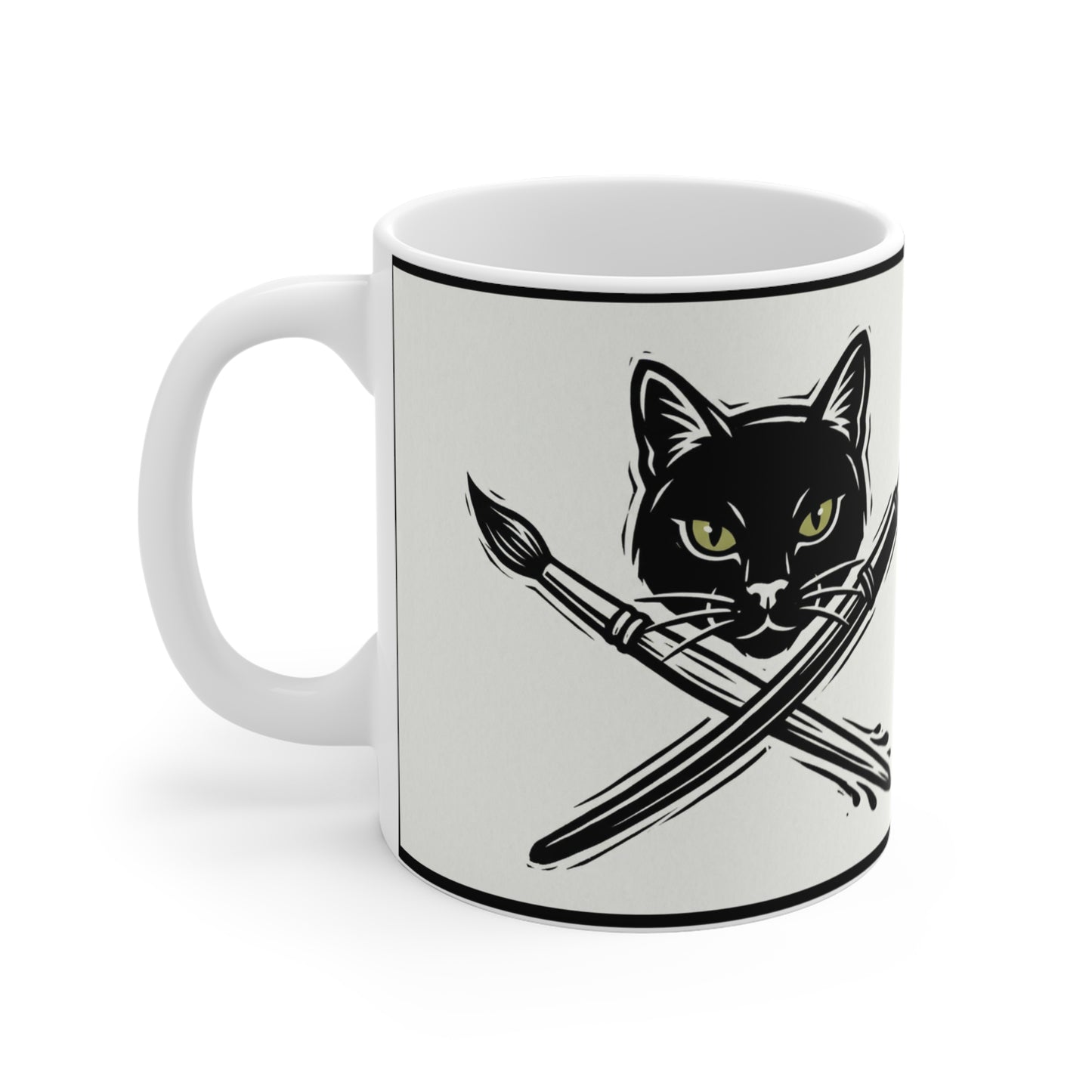 CreativeCat - 11oz Mug Left Handle - Artist Cat Mug — Black Cat with Crossed Paintbrush & Pen 11oz