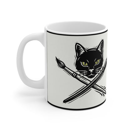 CreativeCat - 11oz Mug Left Handle - Artist Cat Mug — Black Cat with Crossed Paintbrush & Pen 11oz