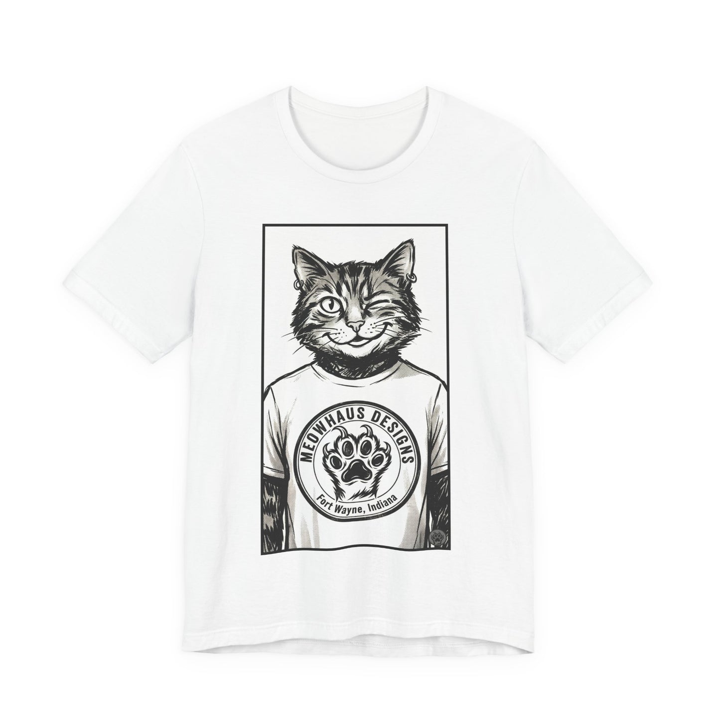 WinkyCat - Wearing the MHD Logo T-Shirt - Cat Portrait T‑Shirt — Retro Graphic Cat Wearing Logo Tee