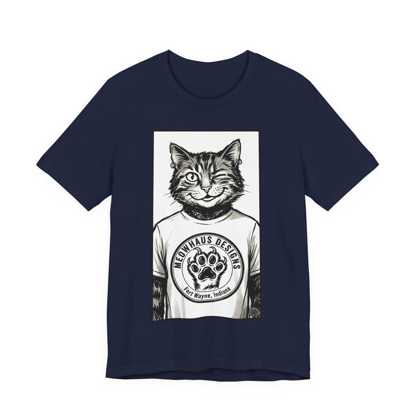 WinkyCat - Wearing the MHD Logo T-Shirt - Cat Portrait T‑Shirt — Retro Graphic Cat Wearing Logo Tee