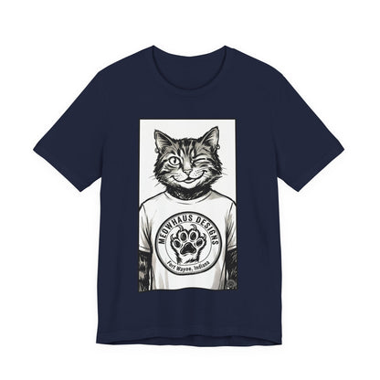 WinkyCat - Wearing the MHD Logo T-Shirt - Cat Portrait T‑Shirt — Retro Graphic Cat Wearing Logo Tee