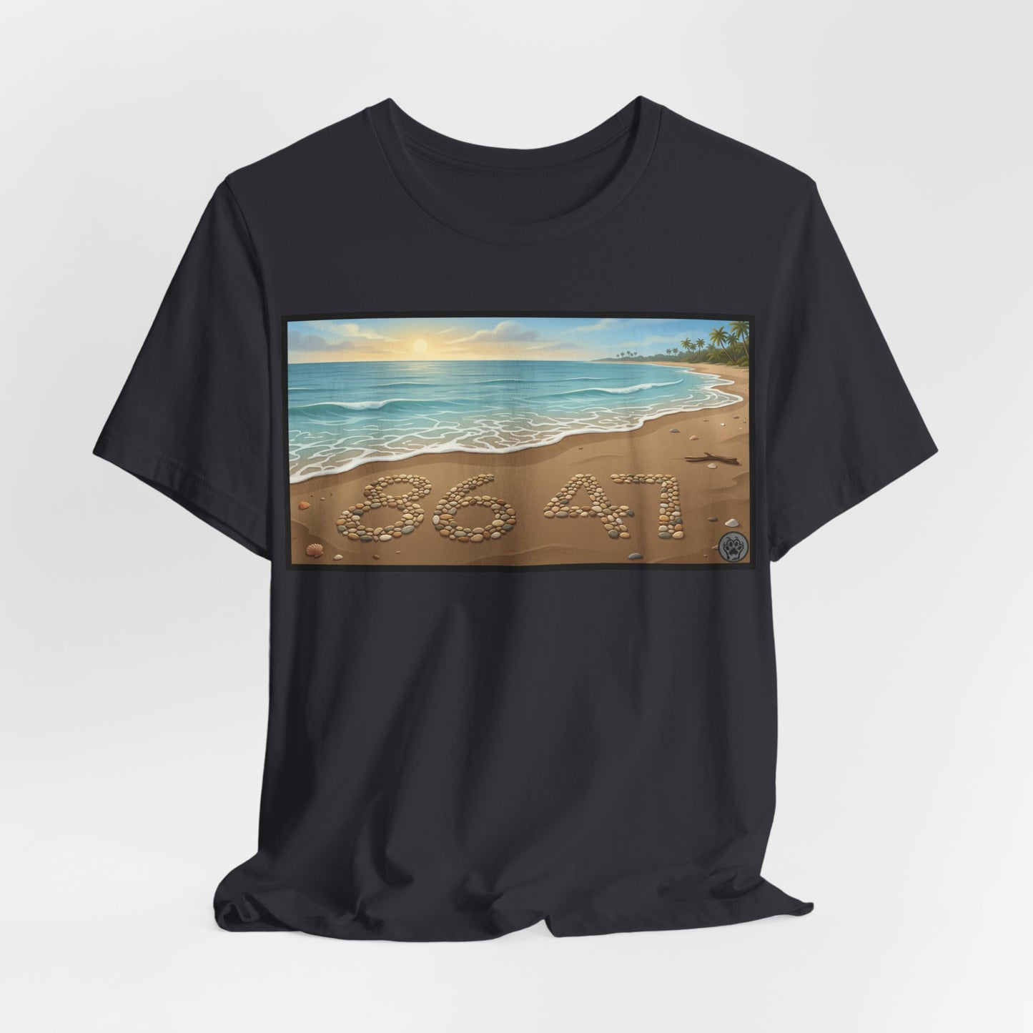 A Nice Day At The Beach - Horizontal V2 - Beach Sunset T-Shirt with '86 47' Sand Art – Coastal Vacation Tee