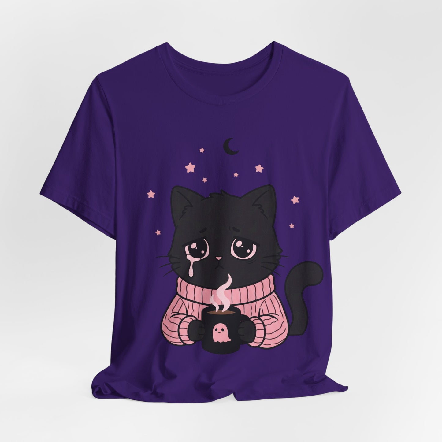 VOID - Cute Sad Black Cat Holding Hot Coffee T‑Shirt — Cozy Pink Sweater Kitty Tee