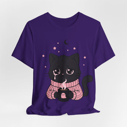 VOID - Cute Sad Black Cat Holding Hot Coffee T‑Shirt — Cozy Pink Sweater Kitty Tee