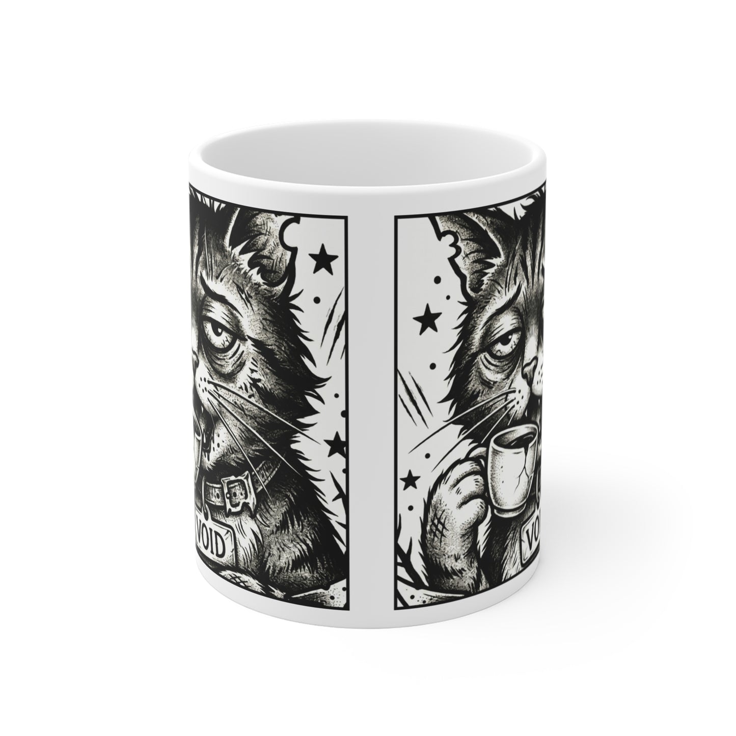 VOID - 11oz Mug - Cat Coffee Mug — 'Void' Vintage Black & White Cat with Cup