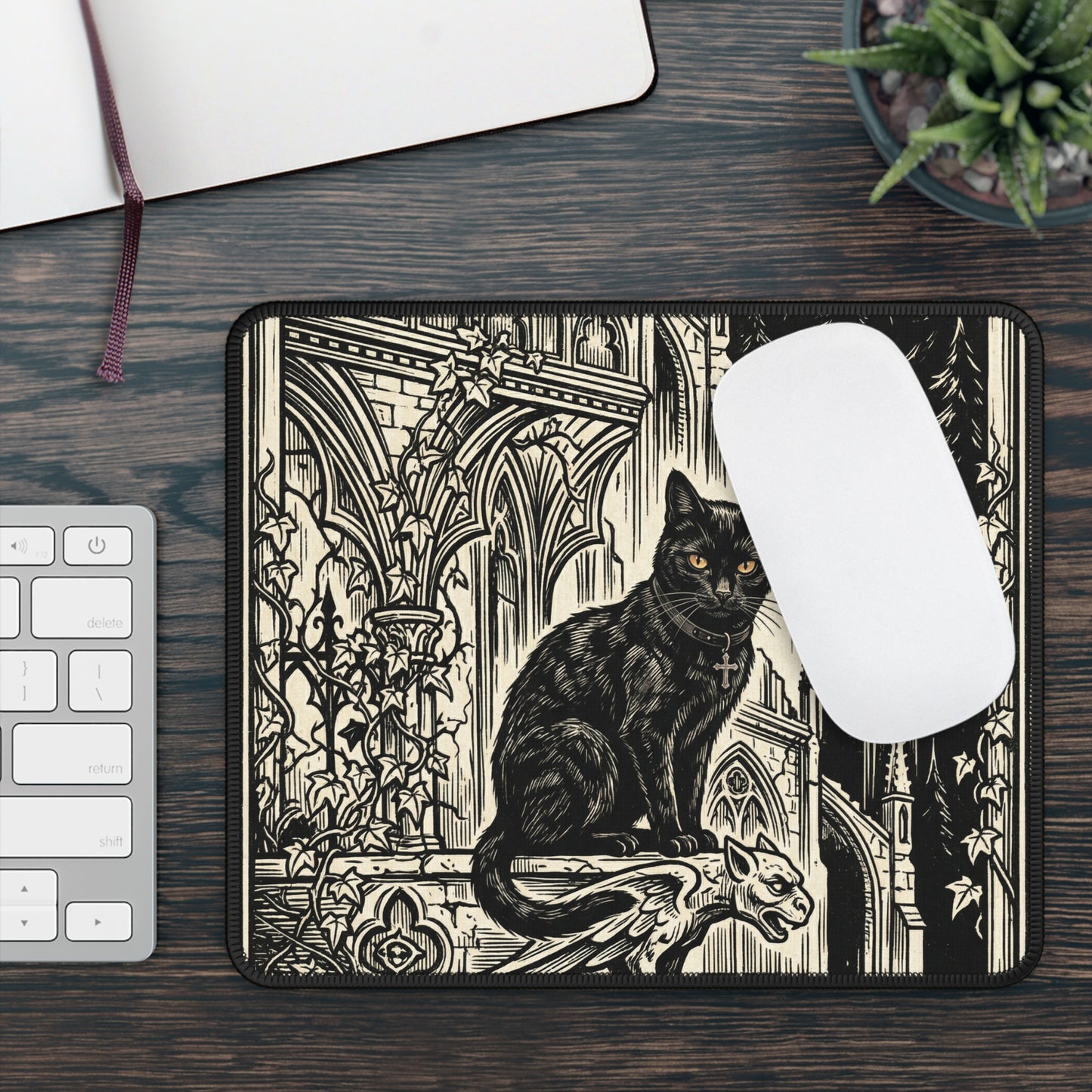 DarkArts- Cat 2 - Gothic Black Cat Mousepad - Cathedral Gargoyle Dark Imagery