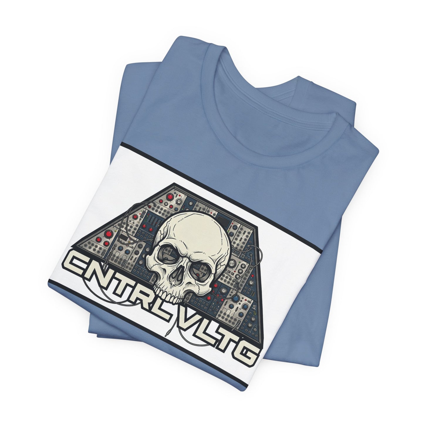 CV Control Voltage = TriBase White - Modular Synth Skull Analog Circuit Tee — “CNTRL VLTG” Retro Tech Graphic T-Shirt