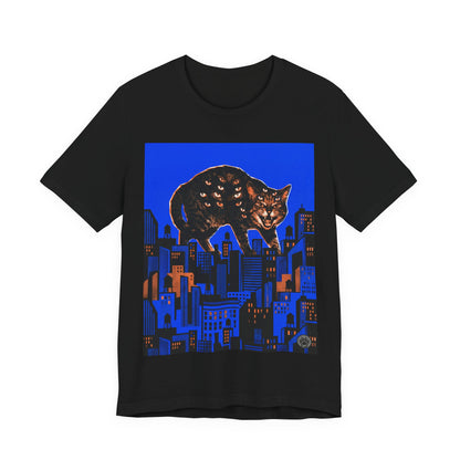 City Cat Attacks! - Collage Poster Blue Vertical - Black Cat Over Cityscape T-Shirt — Halloween Urban Night Graphic Tee