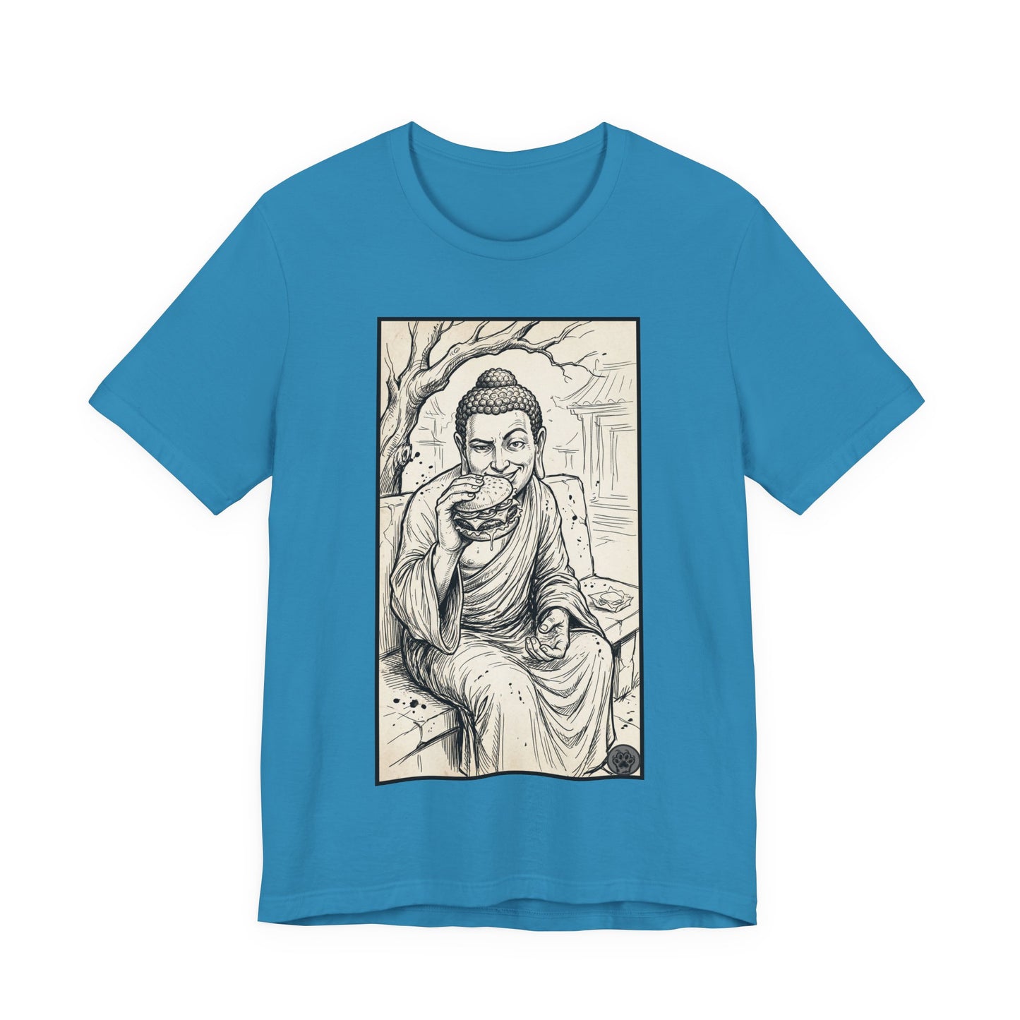 Bad Buddha Cheeseburger Sketch Tee — Humor Illustration T-Shirt