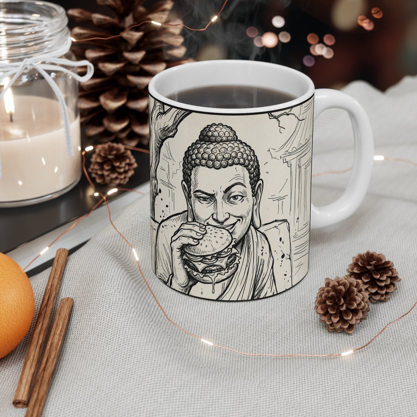 BadBuddha - Cheeseburger - 11oz Mug Right Handle — Religious Humor Buddha Yoga Meditation Vintage Paw Seal Design (Meowhaus Designs, Fort Wayne)