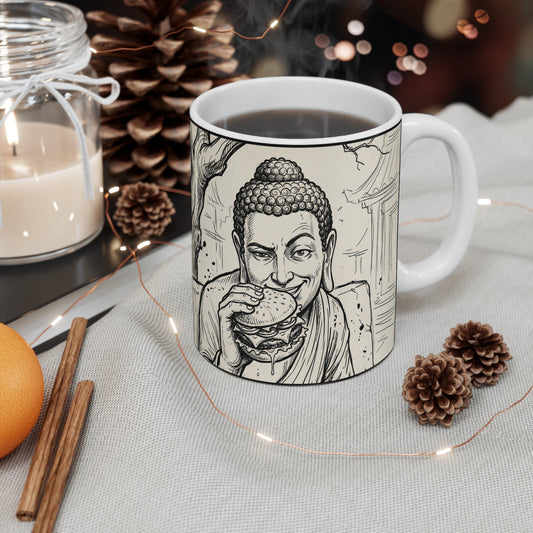 BadBuddha - Cheeseburger - 11oz Mug Right Handle — Religious Humor Buddha Yoga Meditation Vintage Paw Seal Design (Meowhaus Designs, Fort Wayne)