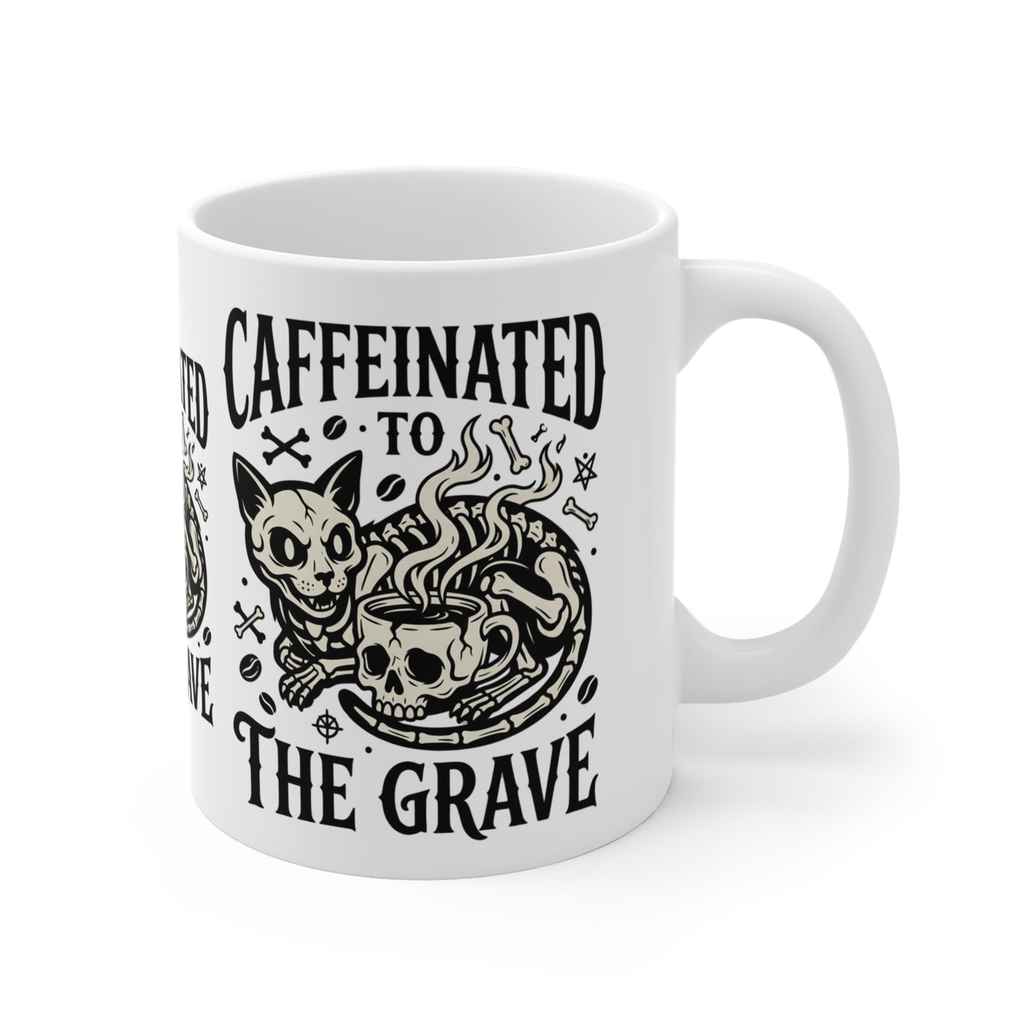 VOID - Caffeinated to the Grave Coffee Mug — Gothic Cat & Skull 11oz