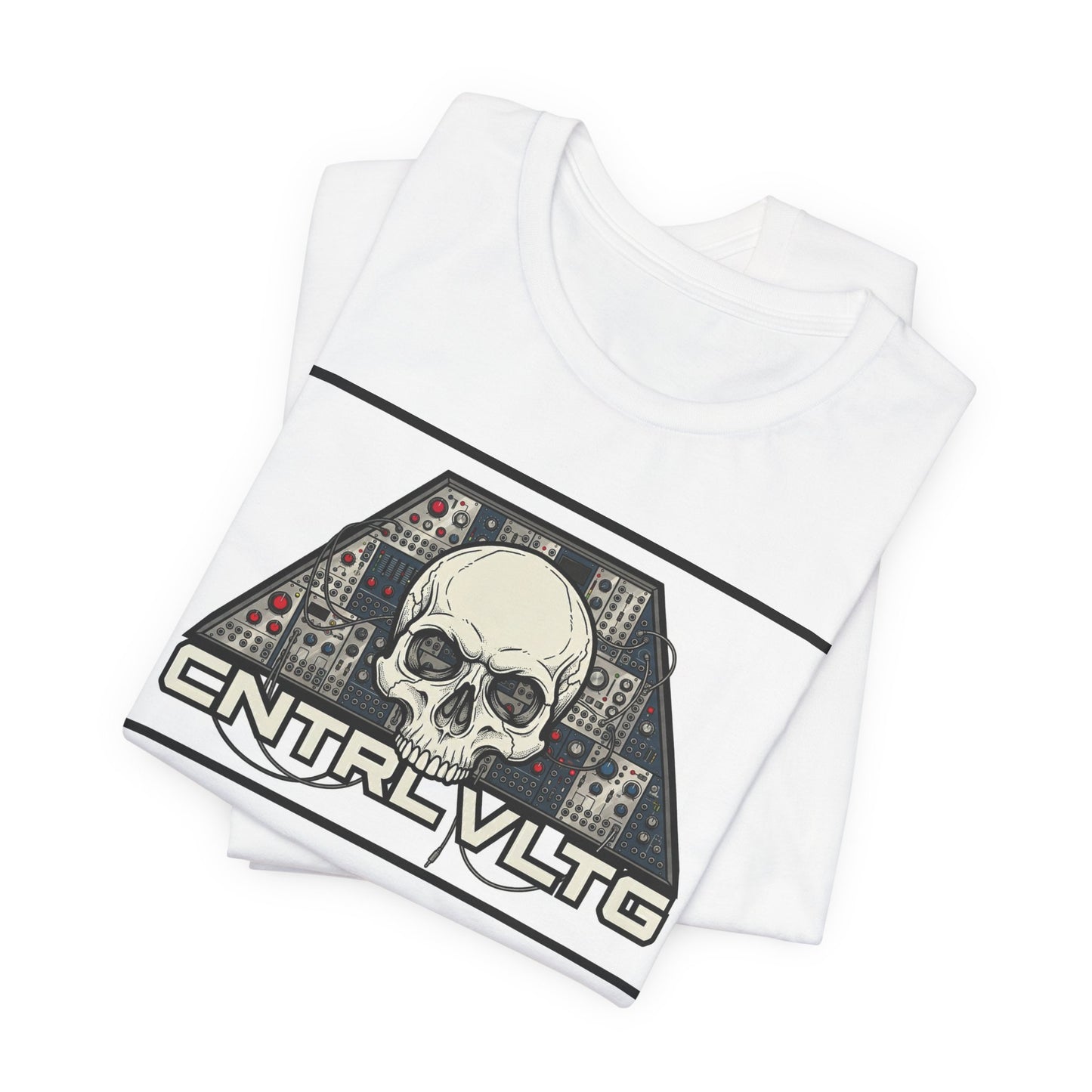 CV Control Voltage = TriBase White - Modular Synth Skull Analog Circuit Tee — “CNTRL VLTG” Retro Tech Graphic T-Shirt