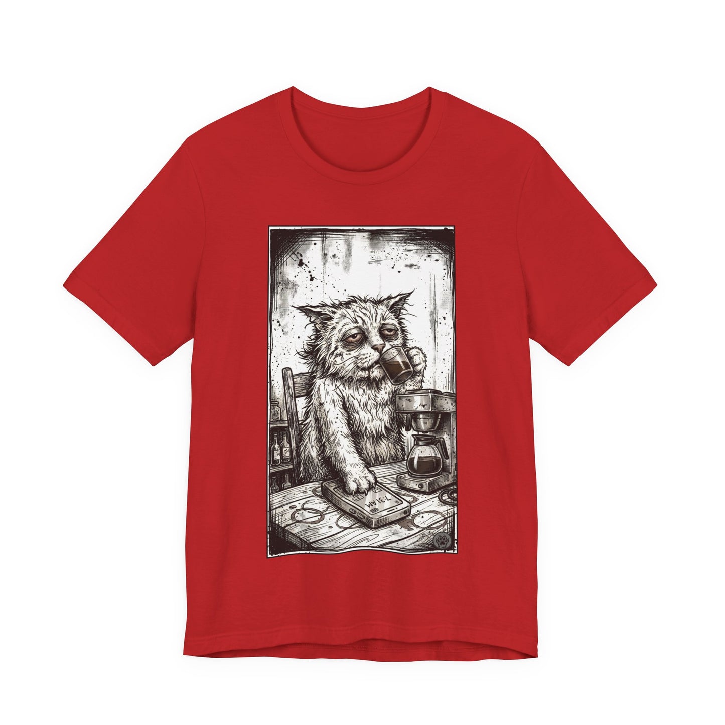 Scraps "GFM" - Cat Drinking Coffee T-Shirt — Tired Depressed Cat Graphic Tee