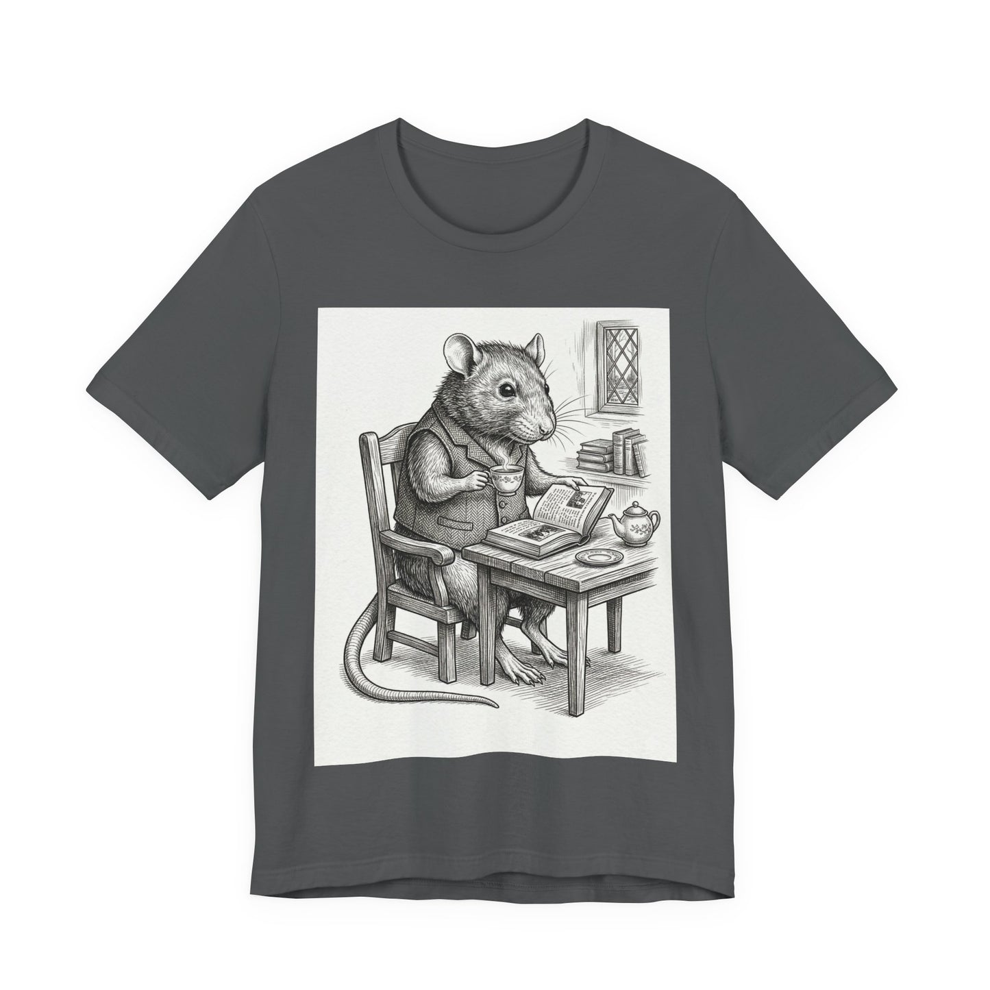 Ratney - "Cup of Tea & A Good Book" - Rodent Scholar T‑Shirt — Vintage Style Illustration of a Reading Rat with Tea