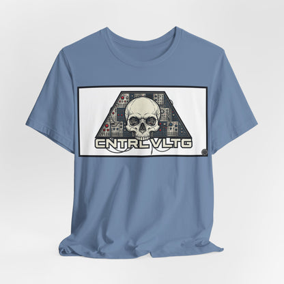 CV Control Voltage = TriBase White - Modular Synth Skull Analog Circuit Tee — “CNTRL VLTG” Retro Tech Graphic T-Shirt