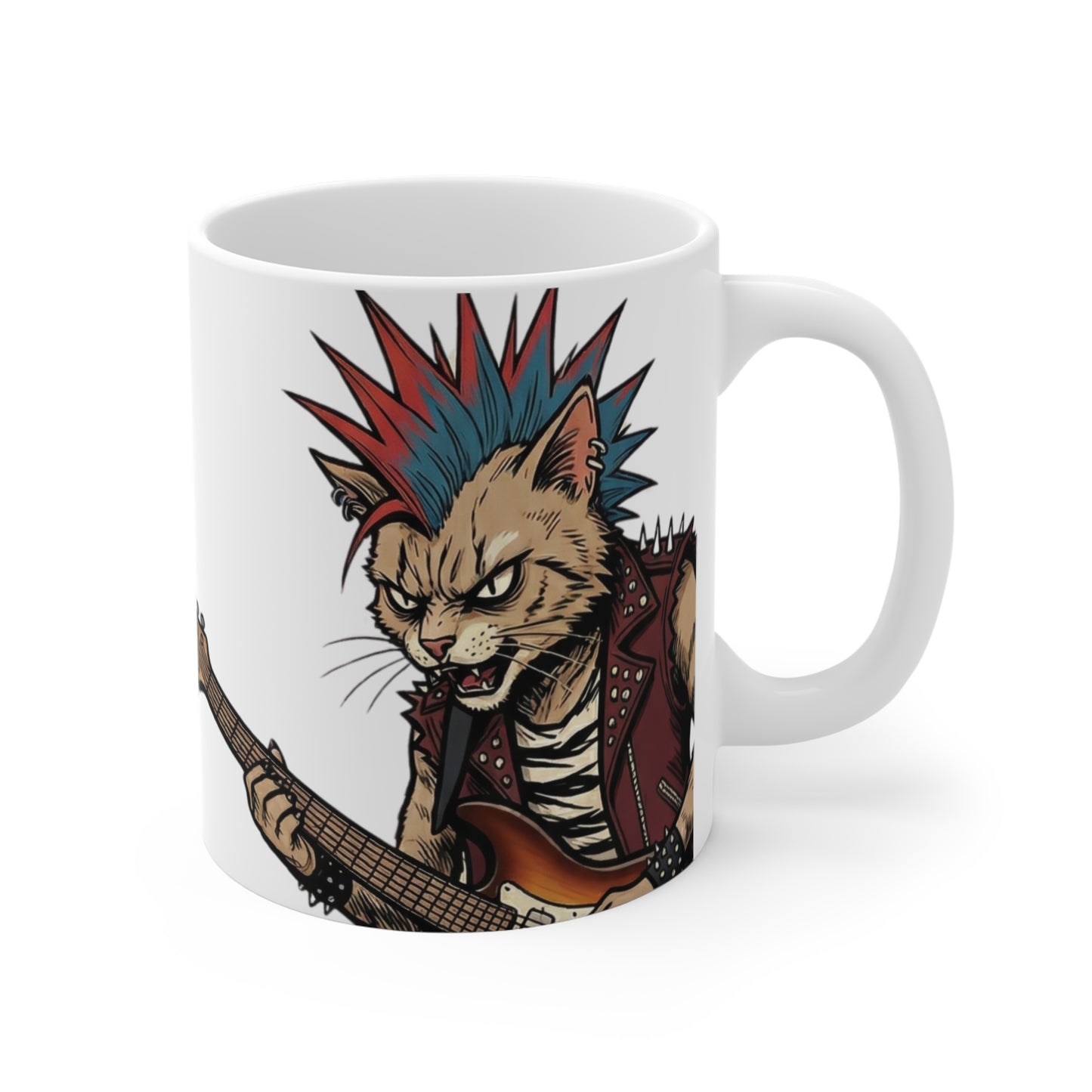 PunkCat - Big & Bold - 11oz Mug Right Handle - Rock Cat Guitarist Design