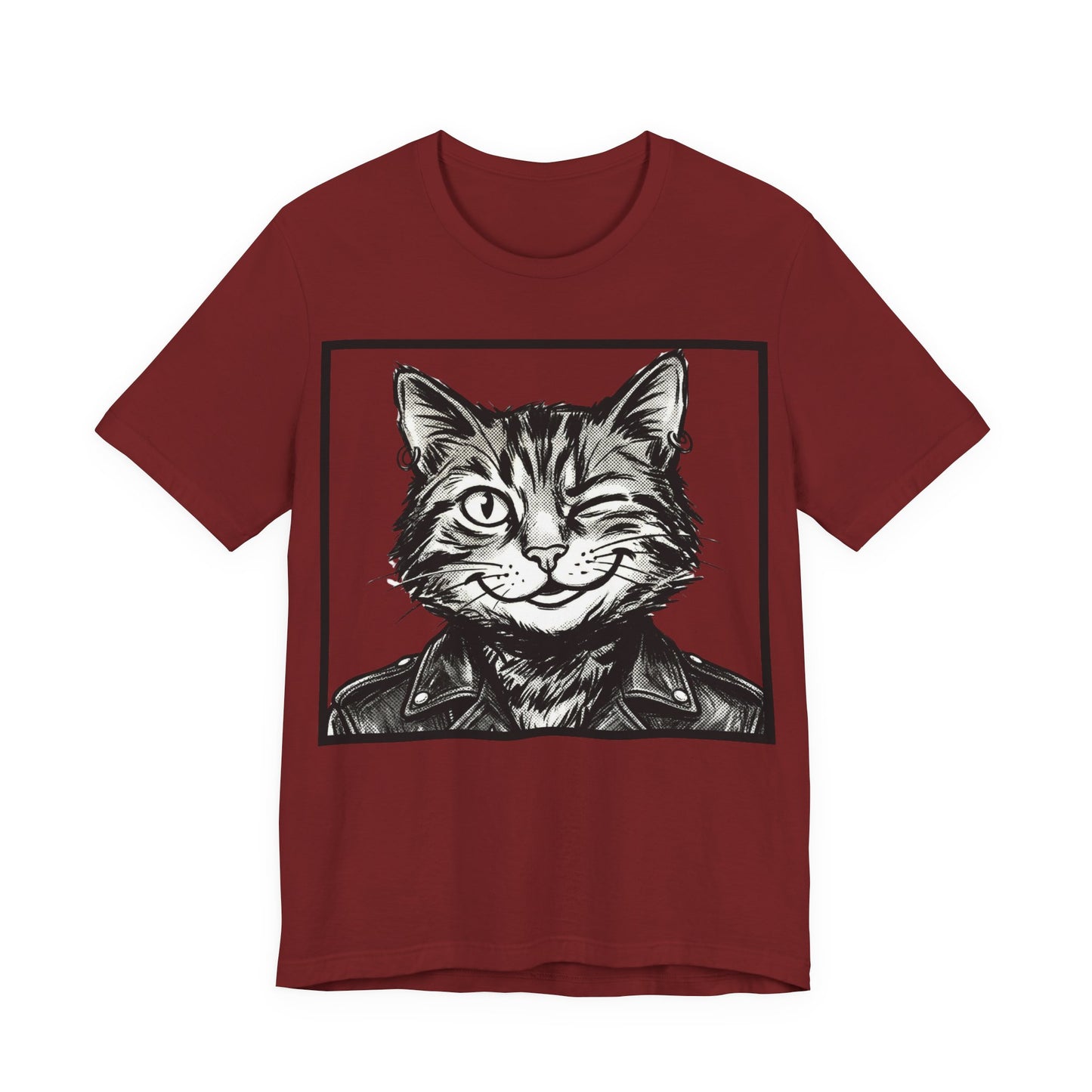 WinkyCat - Leather Jacket (NO Gesture) - Winking Cat Portrait Tee – Retro Rocker Biker Cat Graphic T-Shirt