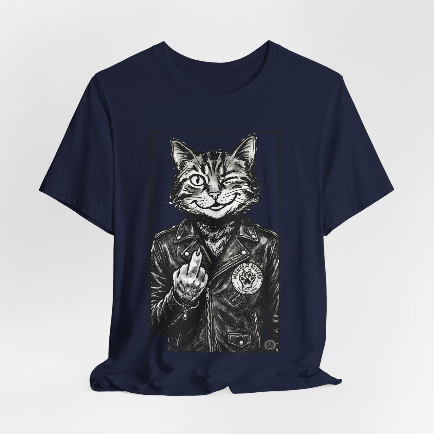 WinkyCat - Leather Jacket & Snarky Gesture - Cat Biker Tee — Grinning Cat in Leather Jacket Graphic T-Shirt