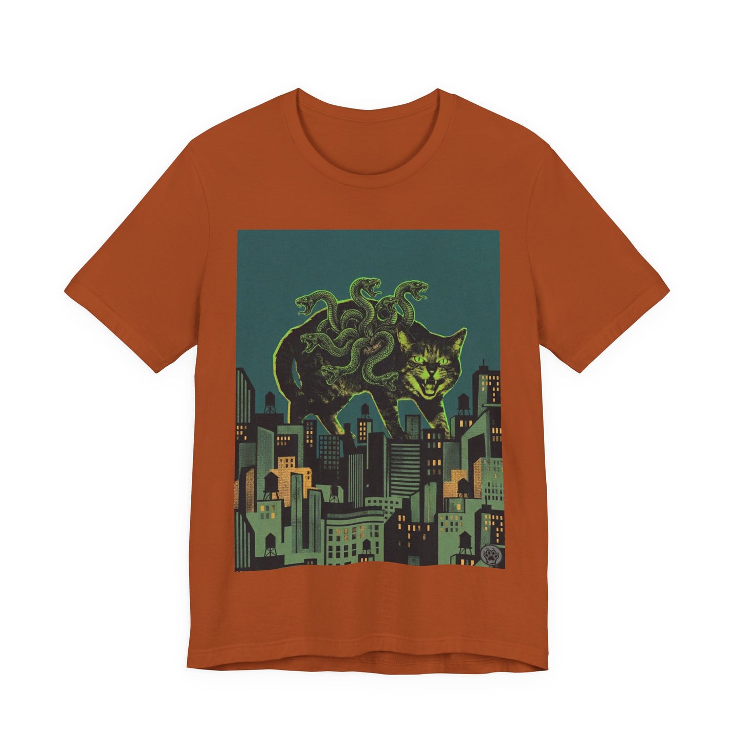 City Cat Attacks - "Inner Demons" Green Version - Poster Collage City Night Kaiju Cat T-Shirt — Neon Monster Cat Over Skyline