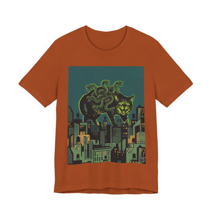 City Cat Attacks - "Inner Demons" Green Version - Poster Collage City Night Kaiju Cat T-Shirt — Neon Monster Cat Over Skyline