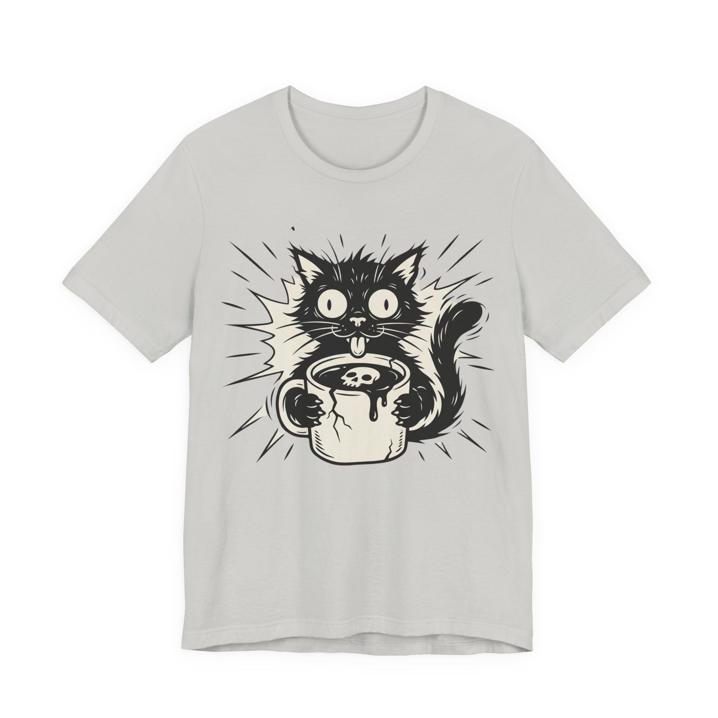 VOID - Cat & Coffee Tee — Cute Crazy Cat Holding Mug Graphic T-Shirt