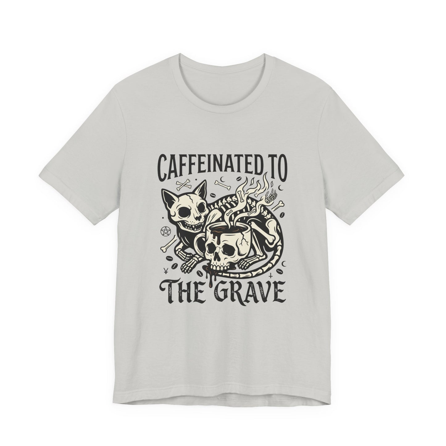VOID - Caffeinated to the Grave Tee — Gothic Skull & Cat Coffee Shirt