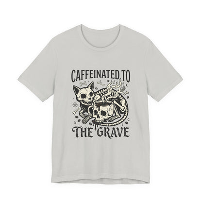 VOID - Caffeinated to the Grave Tee — Gothic Skull & Cat Coffee Shirt