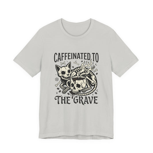 VOID - Caffeinated to the Grave Tee — Gothic Skull & Cat Coffee Shirt