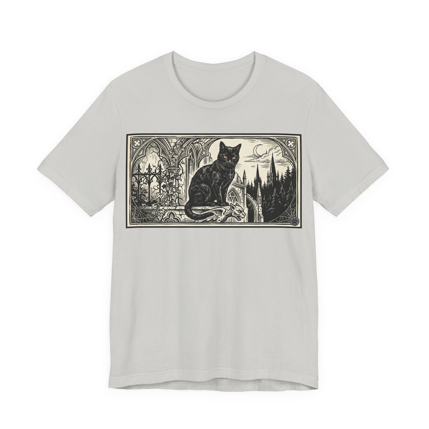 DarkArts Collection - Cat Horizontal - Vintage Gothic Black Cat T-Shirt — Moonlit Cathedral Illustration Tee