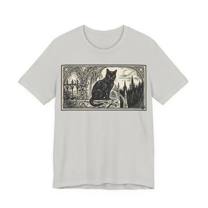 DarkArts Collection - Cat Horizontal - Vintage Gothic Black Cat T-Shirt — Moonlit Cathedral Illustration Tee