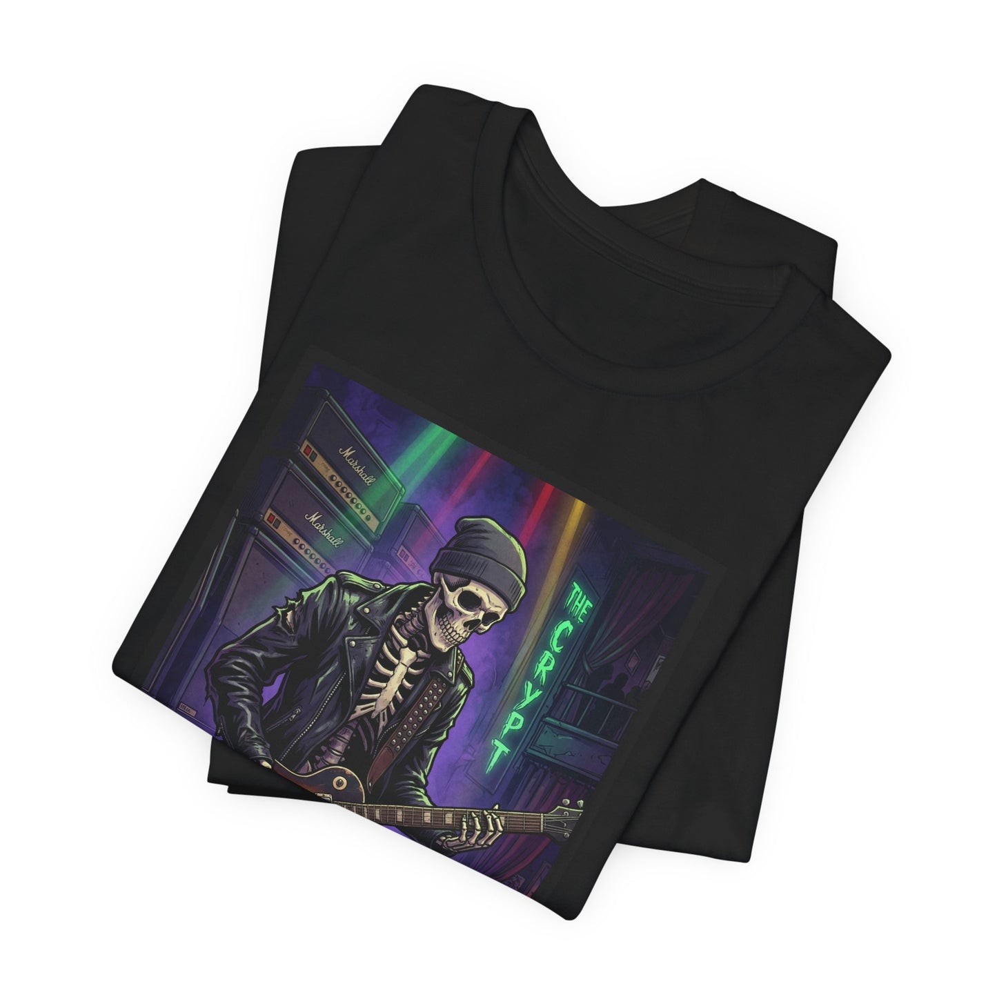 Bonesy - "At The Crypt" - Skeleton Rock Guitar Tee – Retro Neon Night Music T-Shirt