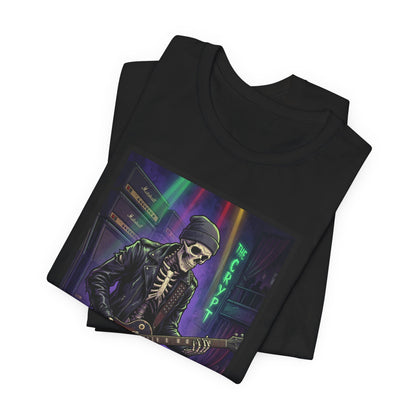 Bonesy - "At The Crypt" - Skeleton Rock Guitar Tee – Retro Neon Night Music T-Shirt