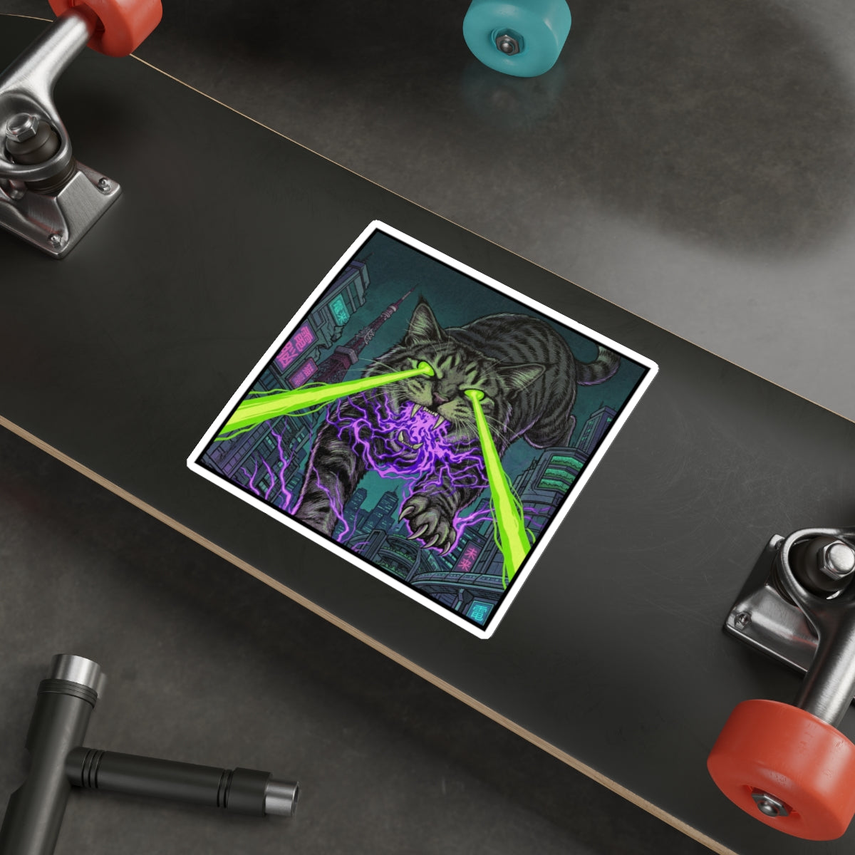 CityCat Attacks! - Green Lasers - Laser-Eyed Cat Sticker — Cyberpunk Neon City Die-Cut Sticker