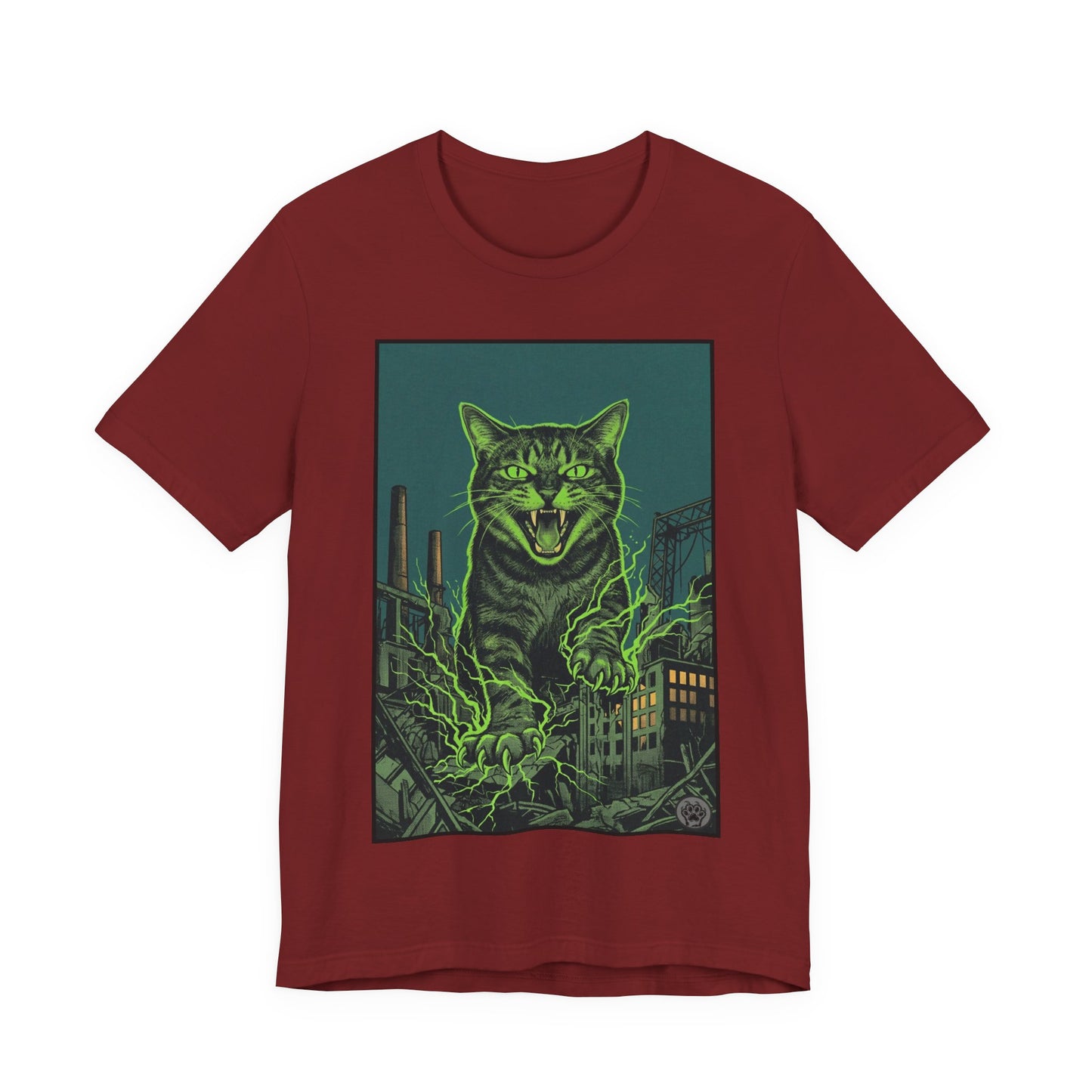 City Cat Attacks!  Green Electricity Giant Neon Cat Rampage T‑Shirt — Retro Monster City Graphic Tee