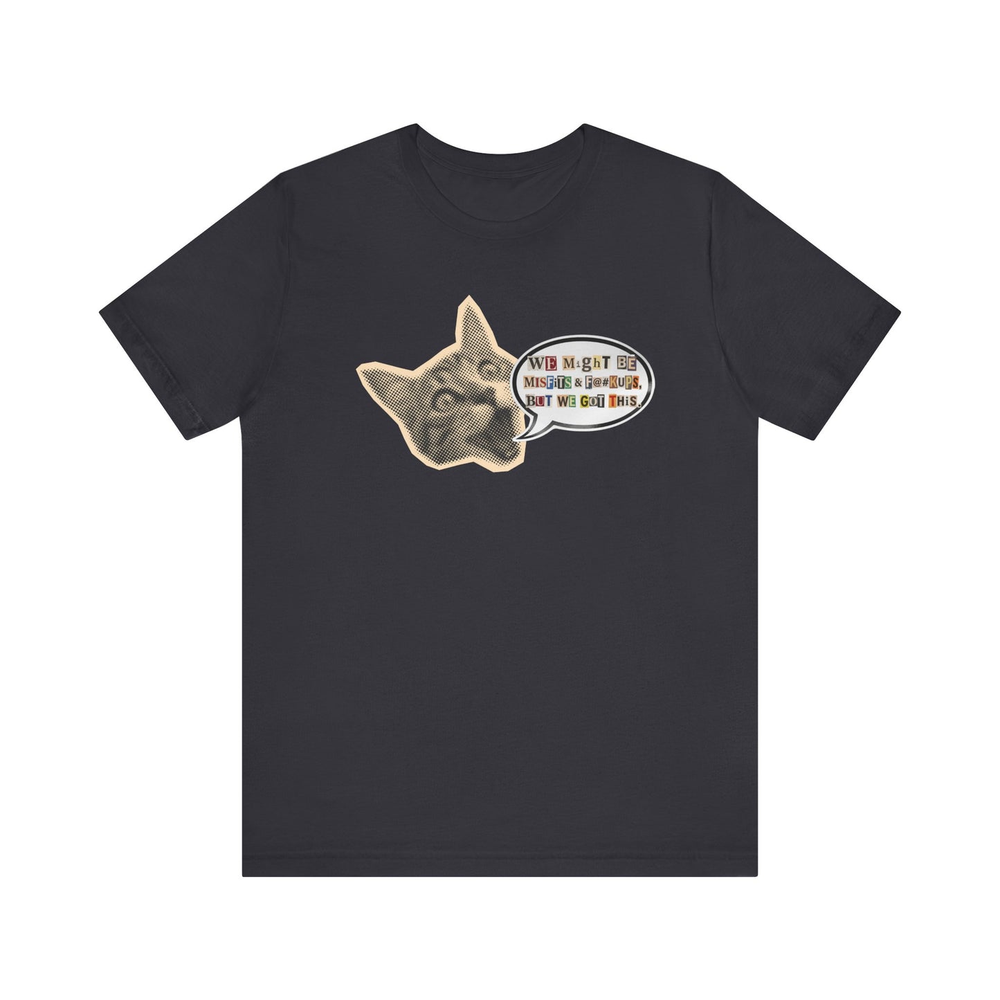 Cat Meme T‑Shirt — Vintage Cat Head Saying "We Might Be Misfits And F@#kups, But We Got This!""