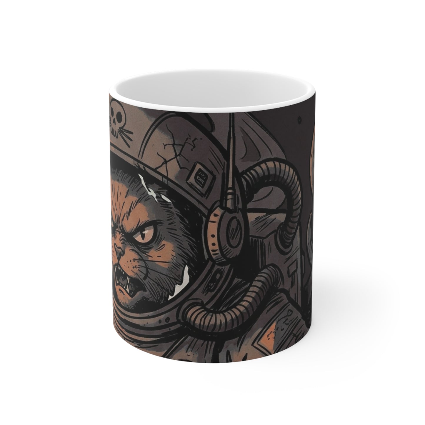 AlienCat Astronaut - Dark - 11oz Mug Left Handle — Vintage Space Pirate Design, 11oz Coffee Tea Mug