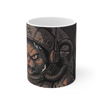 AlienCat Astronaut - Dark - 11oz Mug Left Handle — Vintage Space Pirate Design, 11oz Coffee Tea Mug