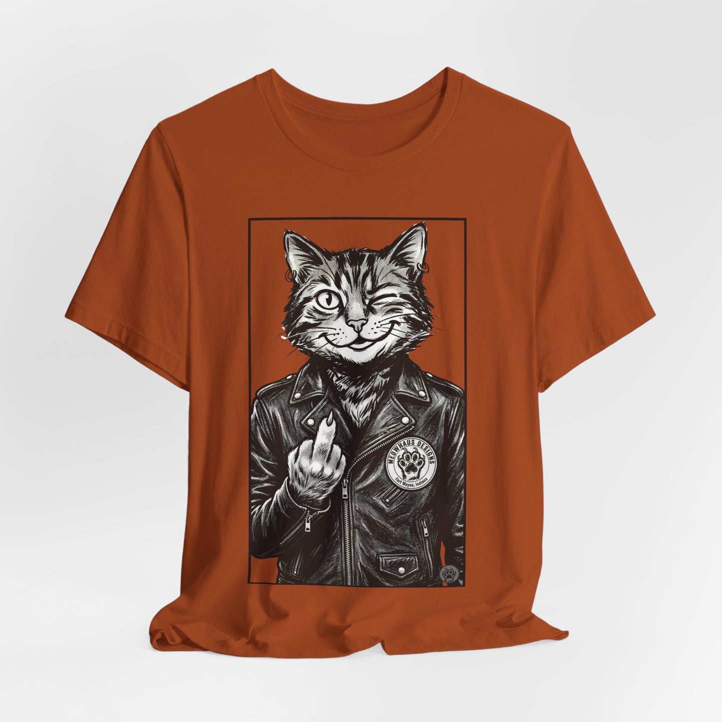 WinkyCat - Leather Jacket & Snarky Gesture - Cat Biker Tee — Grinning Cat in Leather Jacket Graphic T-Shirt