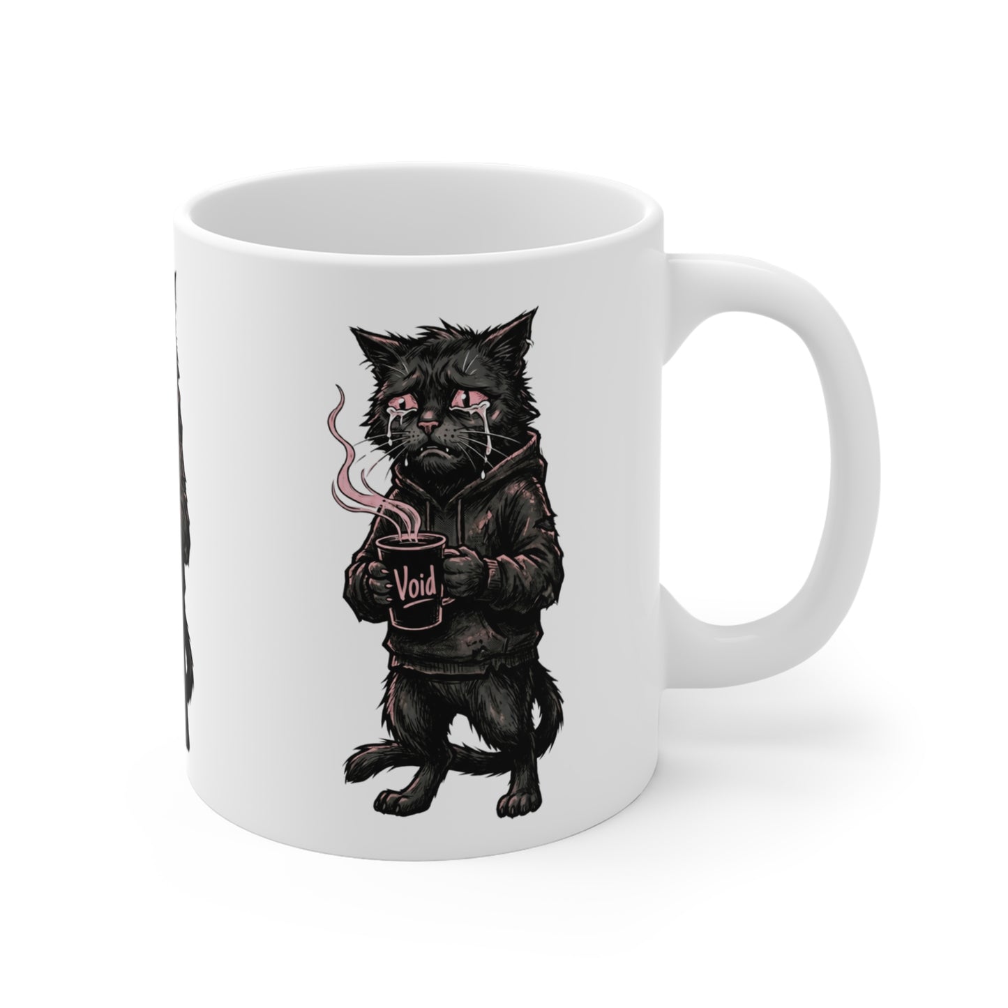 VOID - Cat Goth Mug — Grim Black Cat with Hoodie Holding 'Void' Coffee | Gothic Cat Coffee Mug