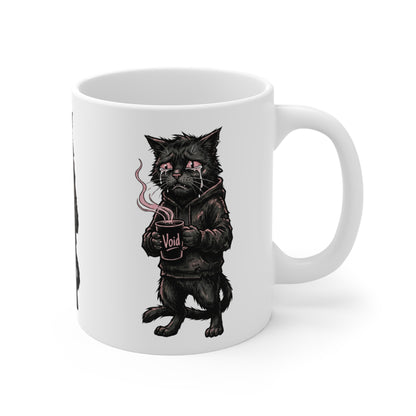 VOID - Cat Goth Mug — Grim Black Cat with Hoodie Holding 'Void' Coffee | Gothic Cat Coffee Mug